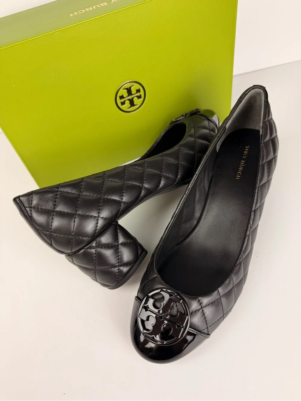 Tory Burch Chelsea 50mm Quilted Pumps Black Leather Patent Cap Toe Block Heels