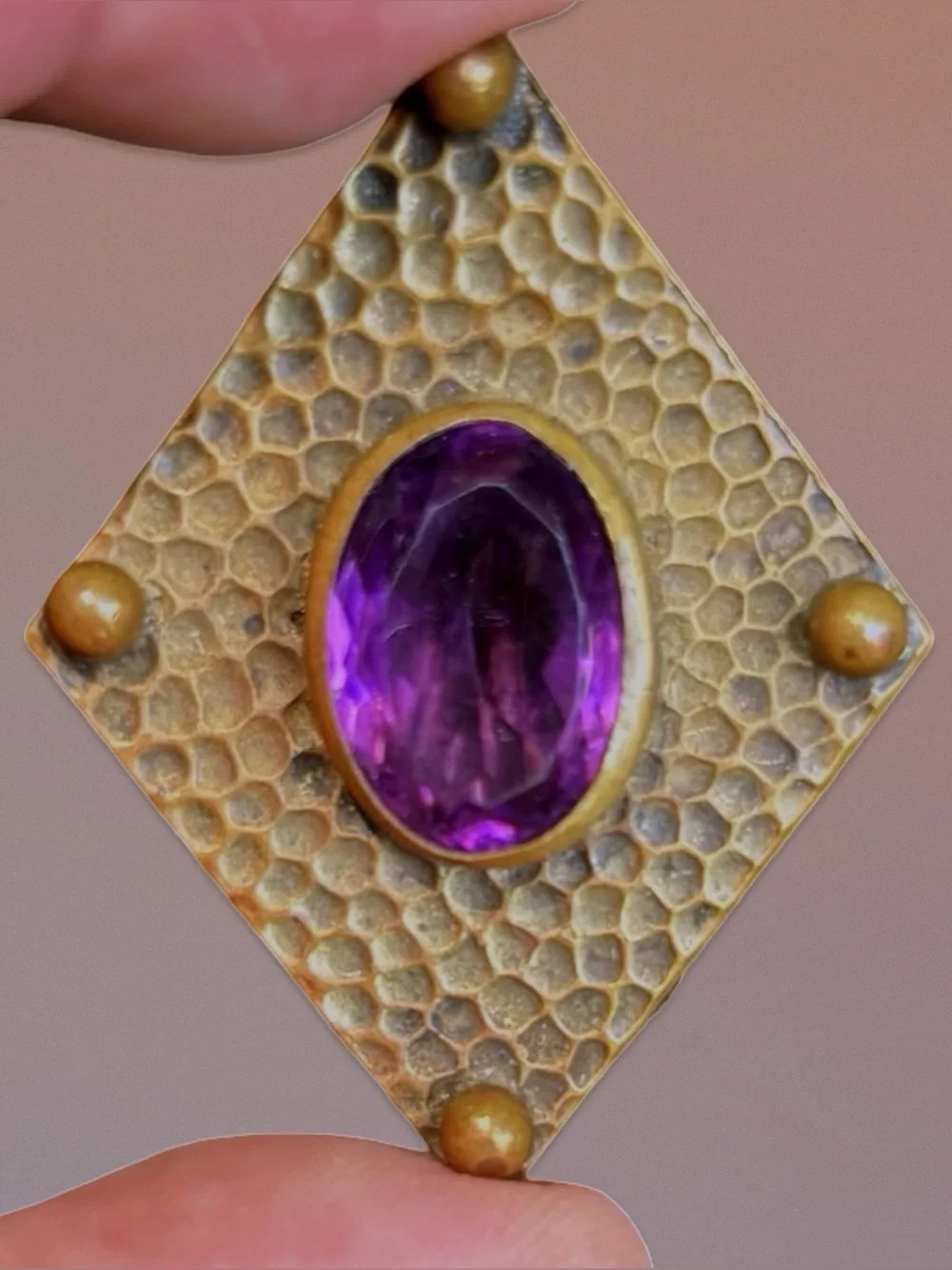 Antique Arts & Crafts Hammered Brass Amethyst Glass Brooch Pin w/ Box