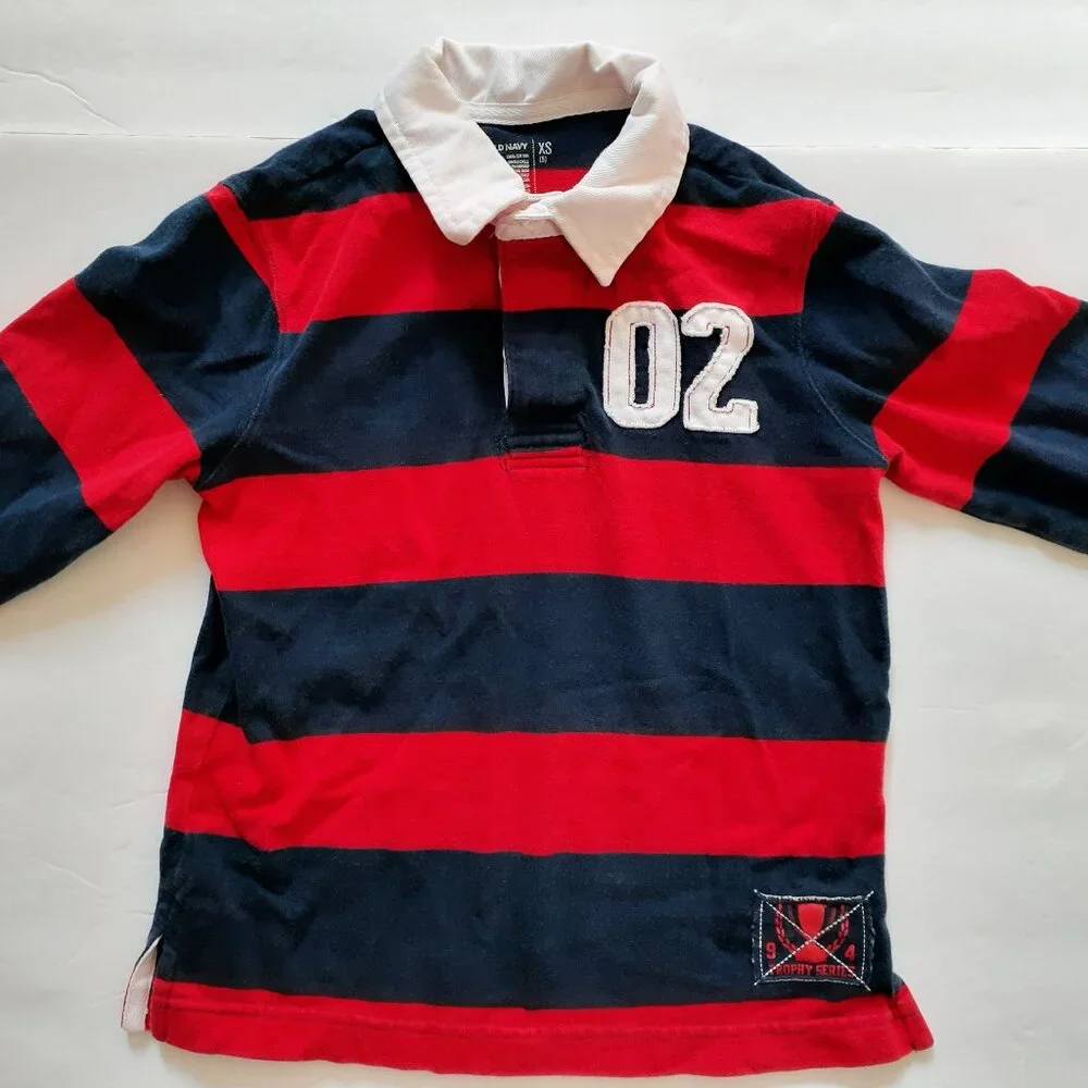 Old Navy Boys Shirt Polo Red Blue Stripe Long Sleeve Rugby XS 5