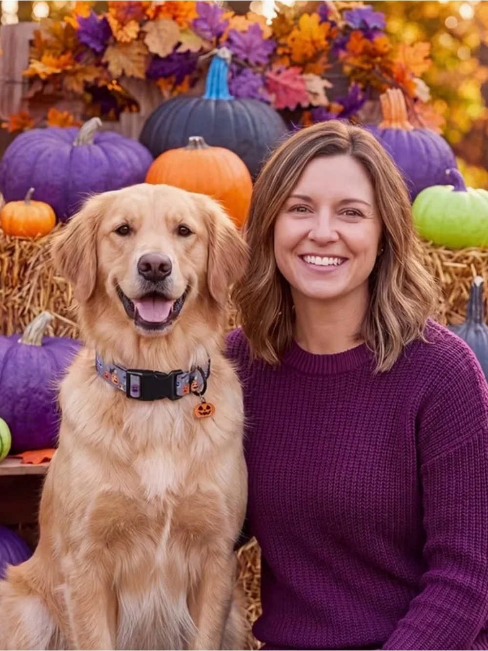 Halloween Pumpkin Dog Collar. Purple Pumpkin Pattern w Jack-O’-Lantern Charm.🎃