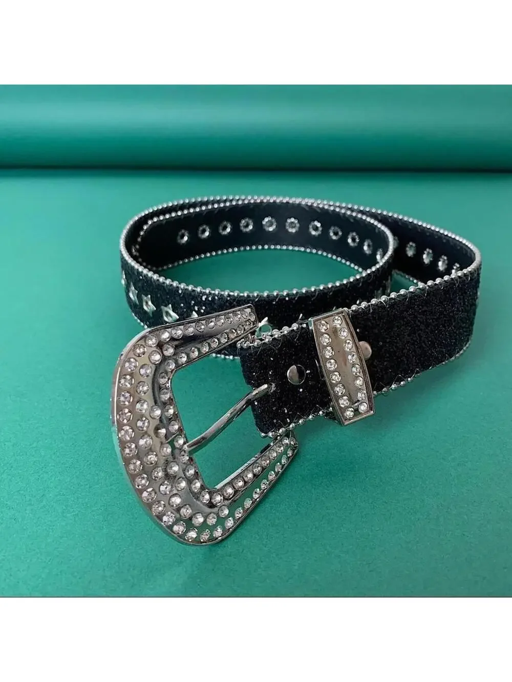 Y2K Black Silver Punk Studded Rhinestone Belt