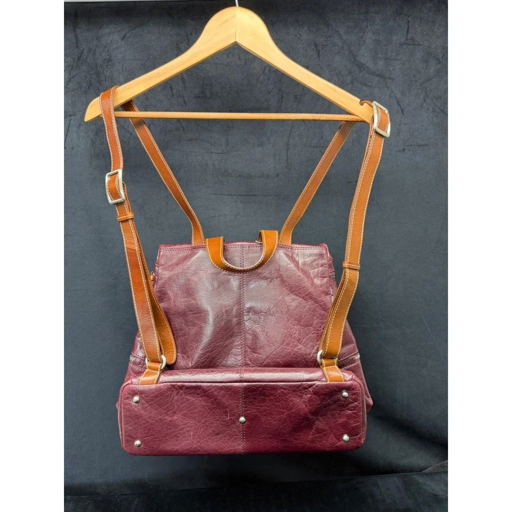 Nino Bossi Burgundy Leather Bookbag Purse Hobo Y2K Travel Bag Backpack Purse