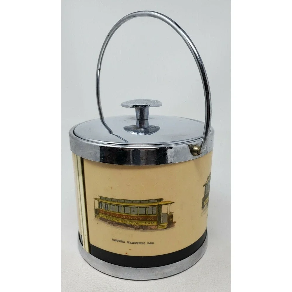 Serv-Master Ice Bucket San Francisco Trolley Cars Chrome Vintage 1960s Cream 1pc