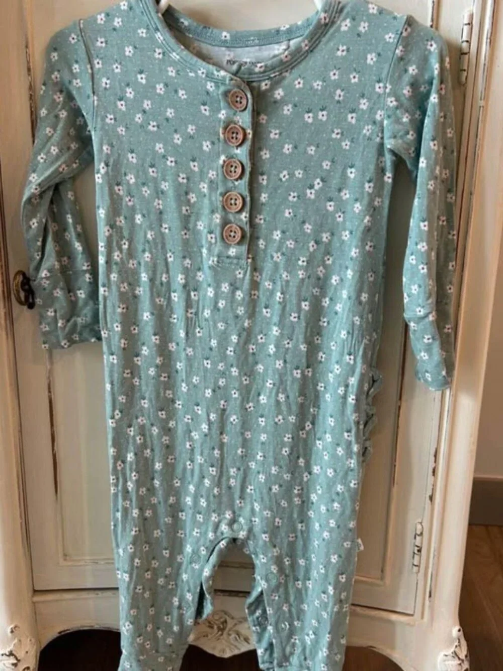 Posh Peanut Long Sleeve Ruffled Blue Floral Romper (12-18 Months)