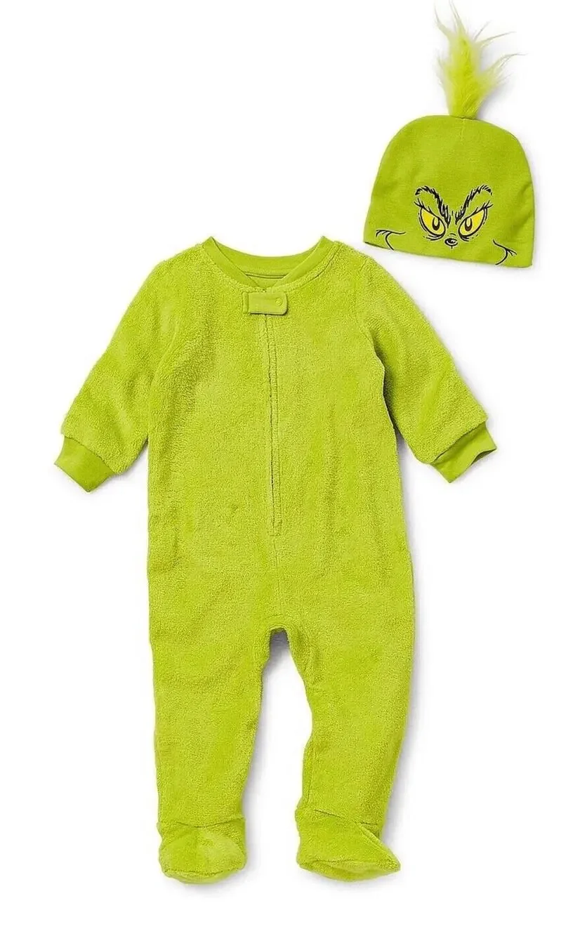 NEW! 6M Dr. Seuss Grinch Unisex Union Suit Matching Family Footed Pajamas