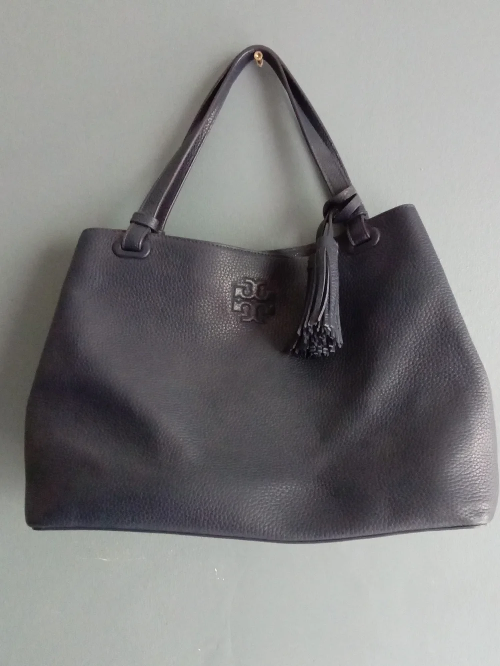 Tory Burch Thea Navy Blue Pebbled Leather Tassel Shoulder Bag Tote