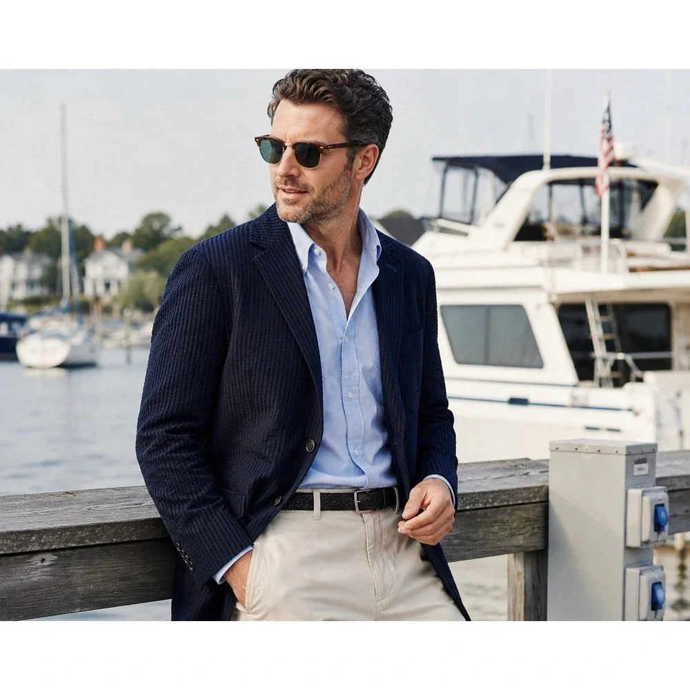 Nautica Seersucker Blazer L Sport Coat Navy Blue Cotton Blend Preppy Hamptons