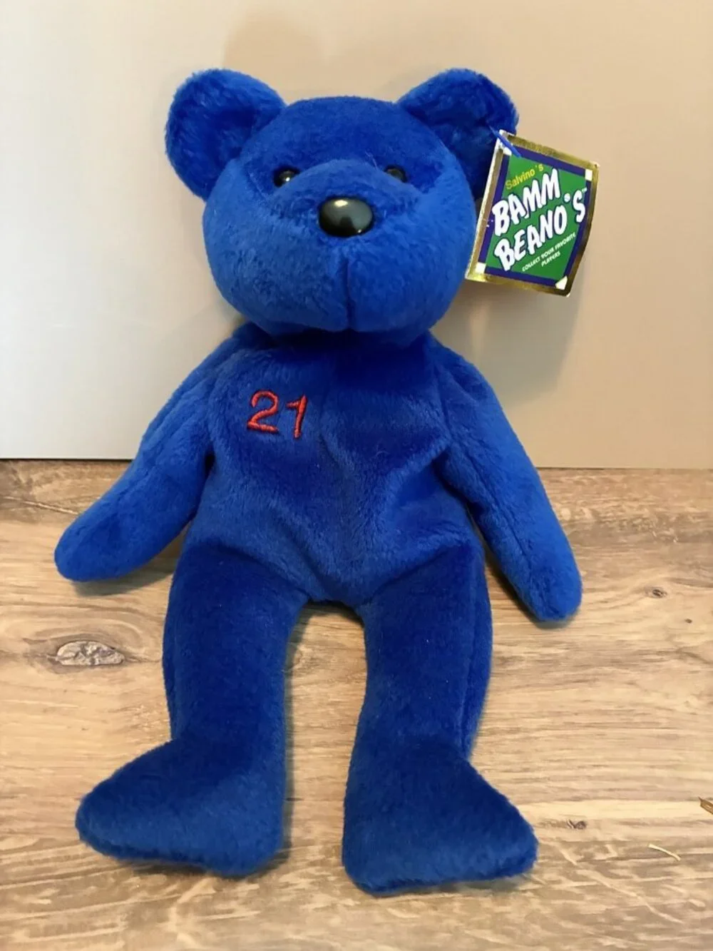 Salvinos Bamm Beanos Roger Clemens #21 Blue Baseball Bear Plush 1998 w/Tags