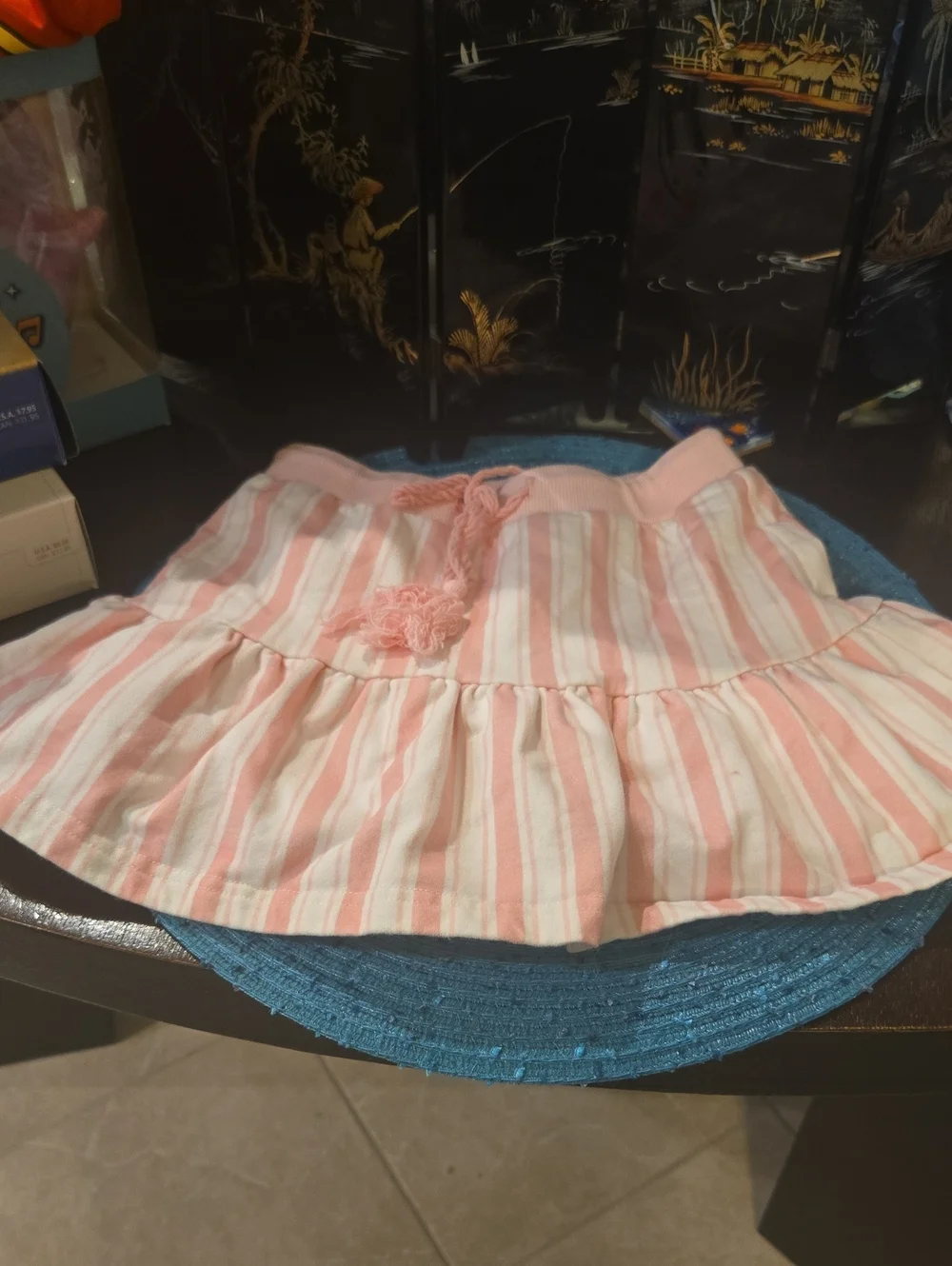 Girls Pink and White Striped Skort with Tassel Drawstring