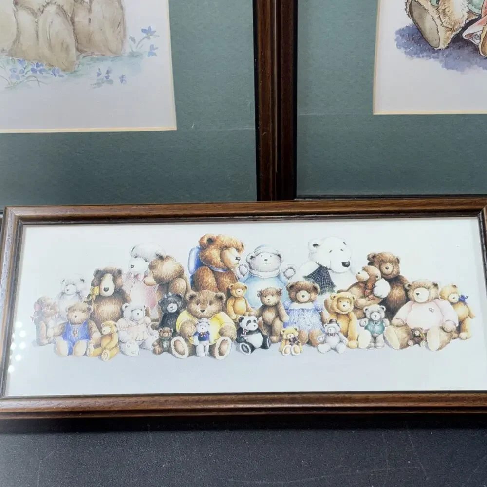 3 Vtg Teddy Bears Cottagecore Nursery Decorations Wood Framed Matted