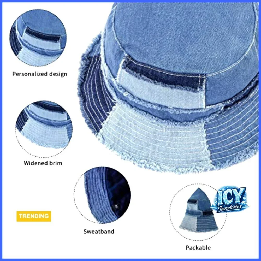 Packable Denim Bucket Hat Wide Brim Sun Protection Travel Beach Unisex