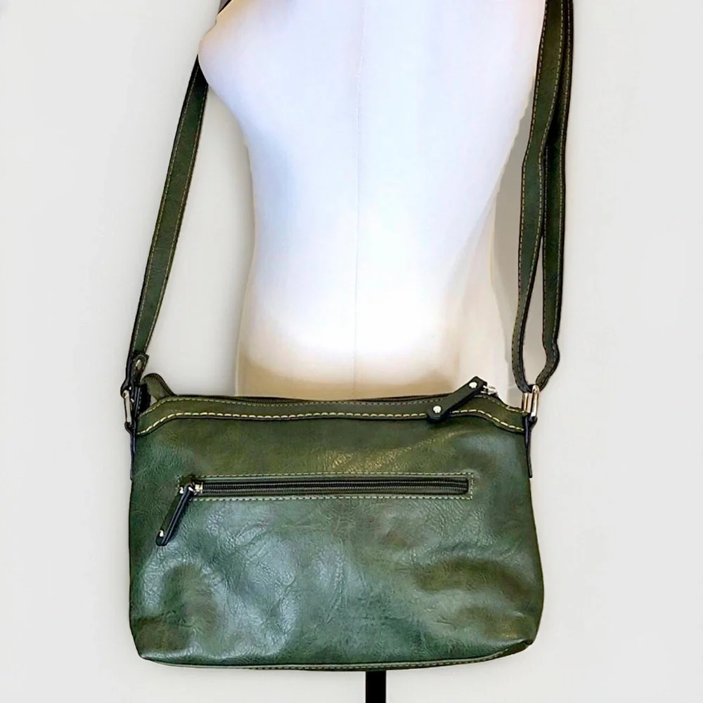 BOC Dark Olive Green Crossbody Adjustable Strap Silver Hardware Zipper Pockets