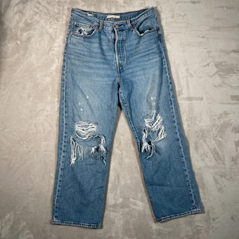 Levi's Women's Jeans Ribcage Straight Ankle Denim Button Fly Distressed 30 Blue