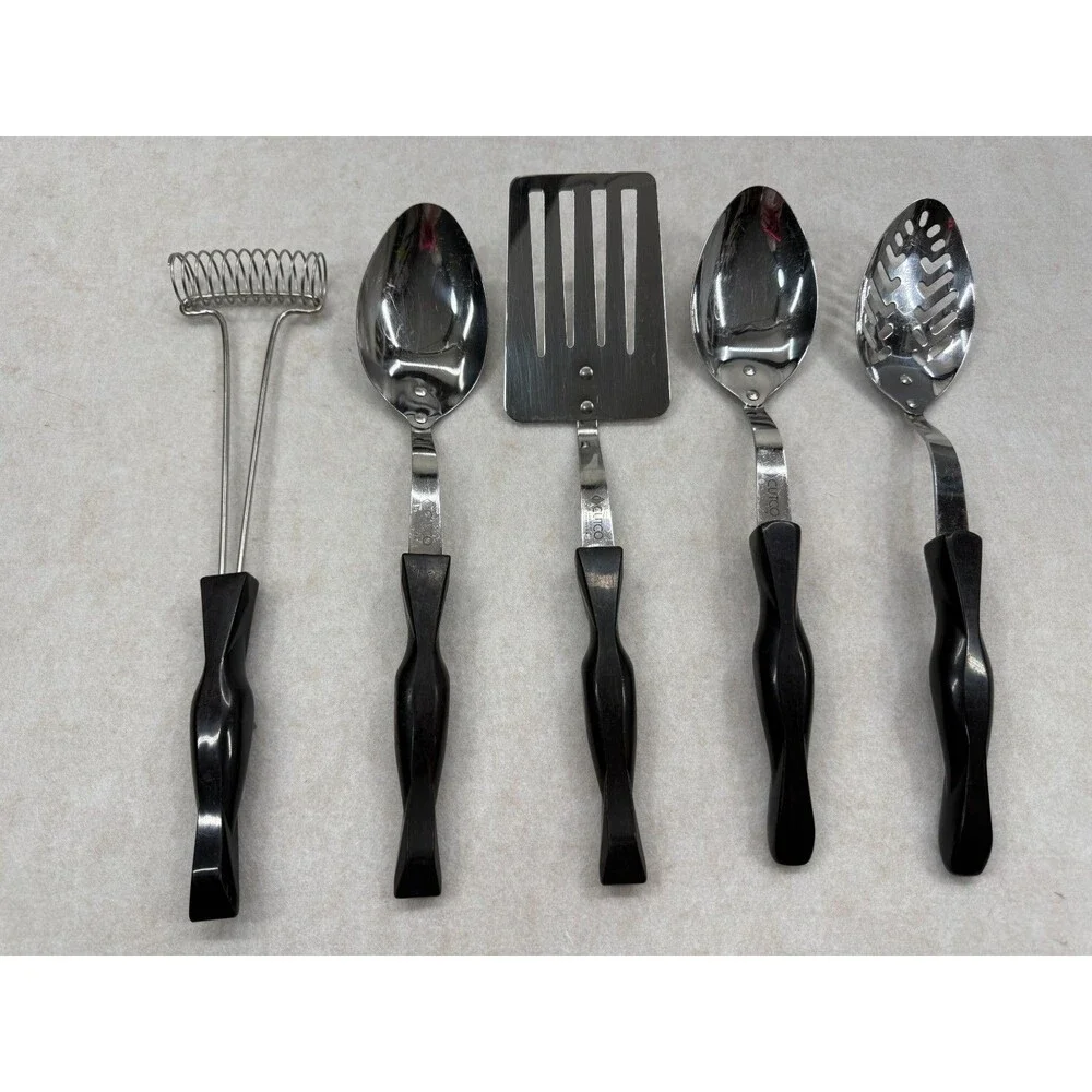 CUTCO Lot of 5 Serving Utensils Black Handles 17KD 17JI Slot Spoon Turner Whisk