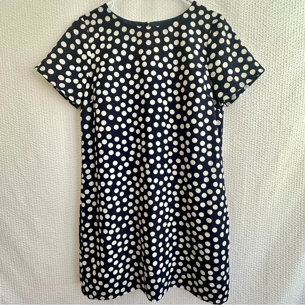 J.Crew Navy White Polka Dot Shift Dress Short Sleeve Lined Size 10 Classic