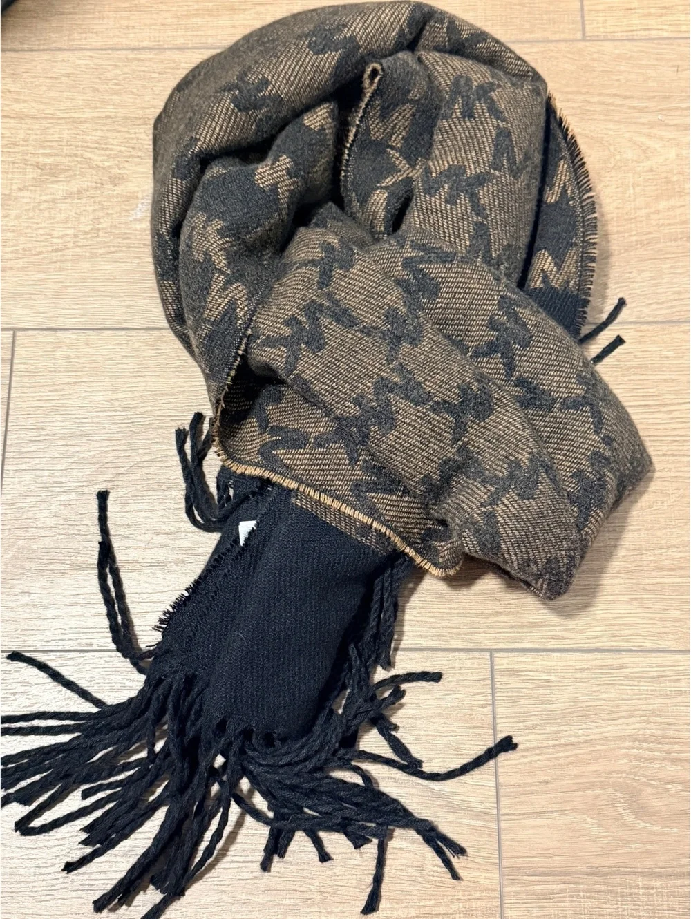 Michael Kors Brown Black MK Logo Monogram Fringe Scarf Wrap Shawl