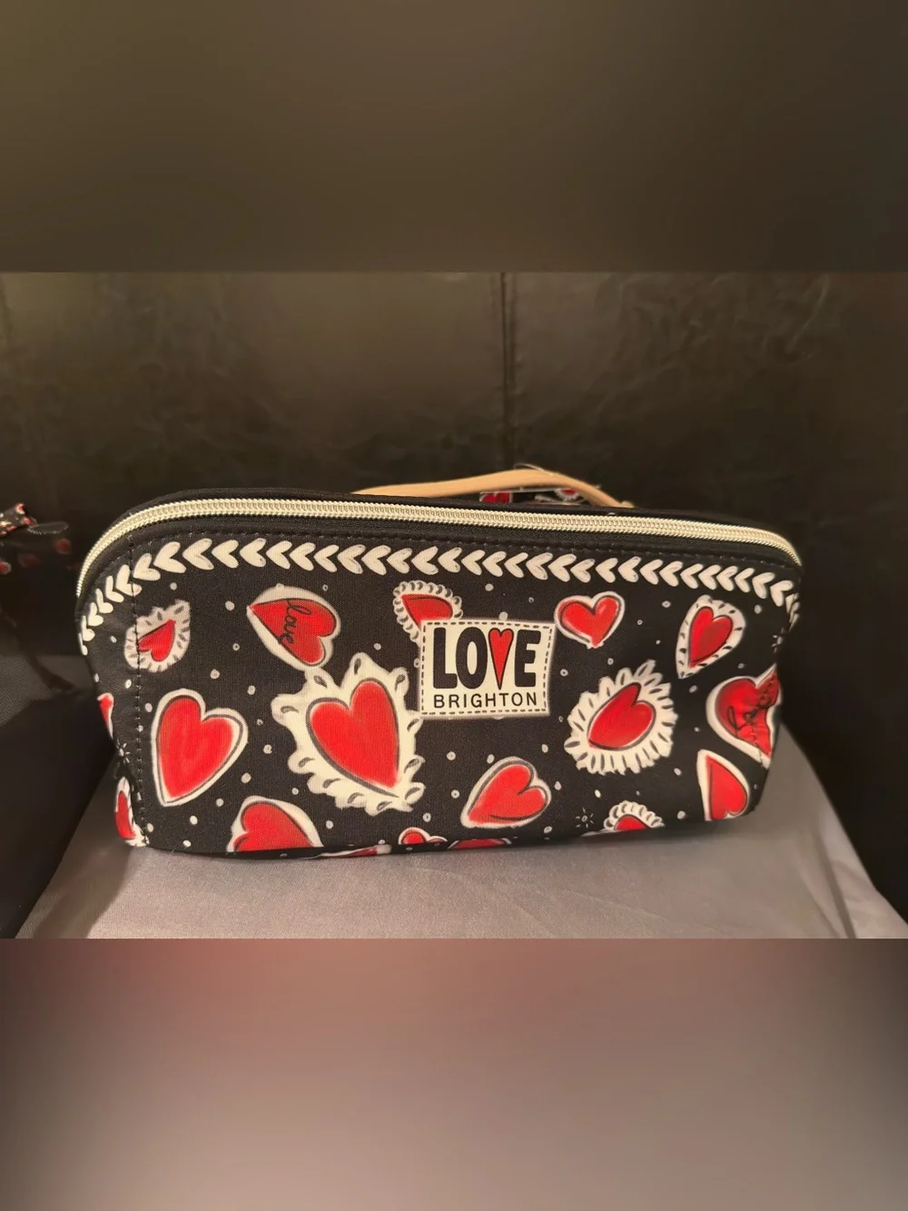 Brighton Black & Red Heart Print Cosmetic Pouch, including 2 bags the inside bag