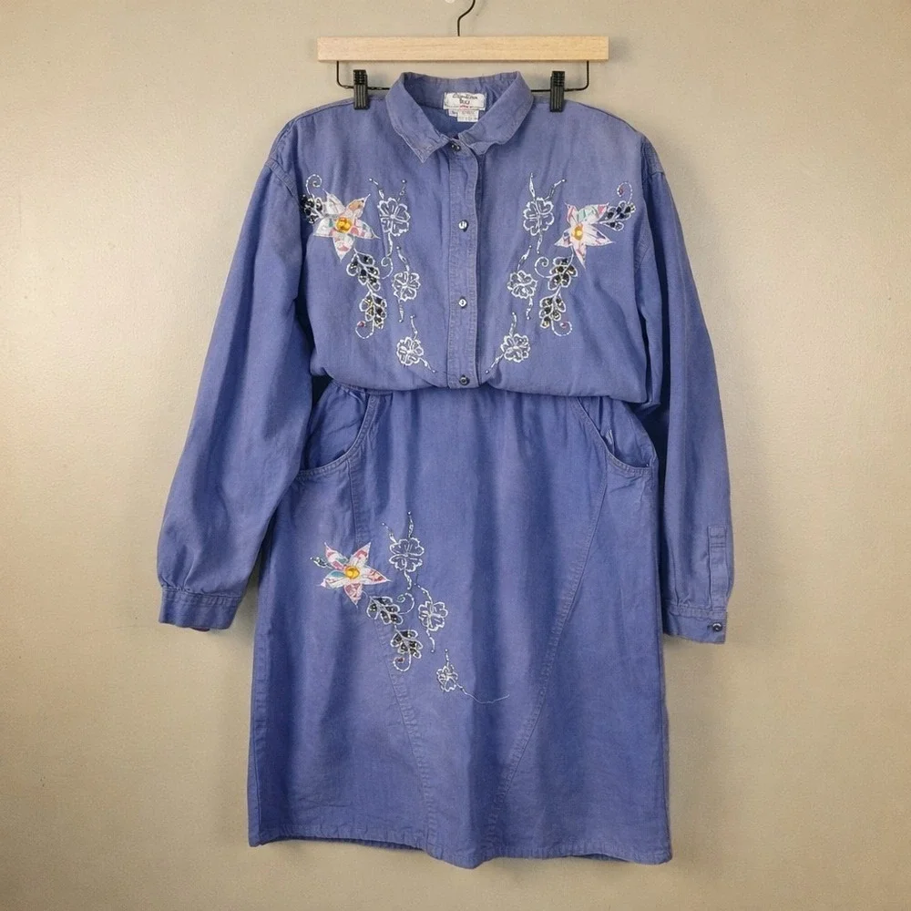 Vintage Carolina Bay Plus 3X 2 Pc‎ Blue Embroidered Skirt Set Cotton Floral