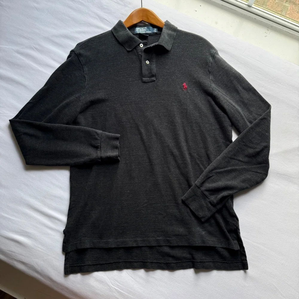Polo Ralph Lauren Mens Gray Long Sleeve Polo Shirt Custom Fit Red Pony Large