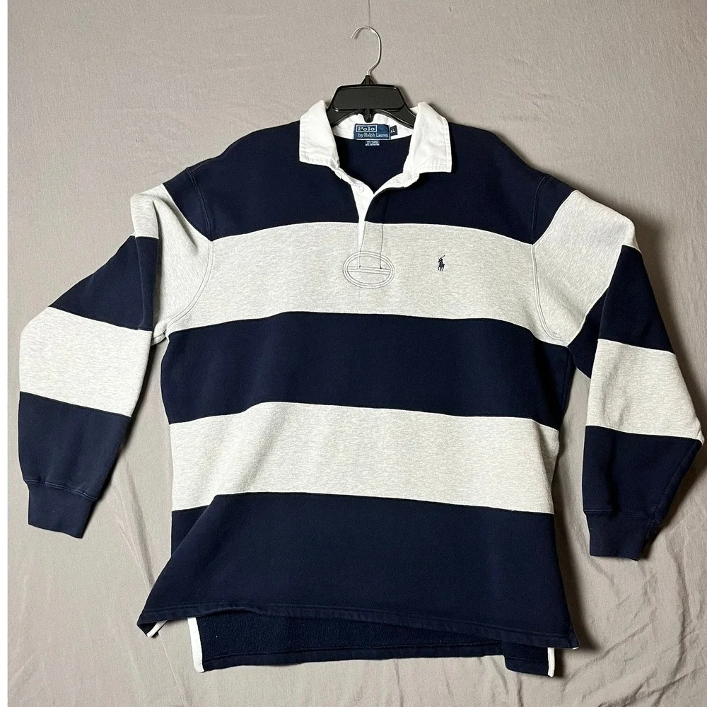 Polo Ralph Lauren Rugby Sweatshirt Mens XL Striped Navy Gray EUC