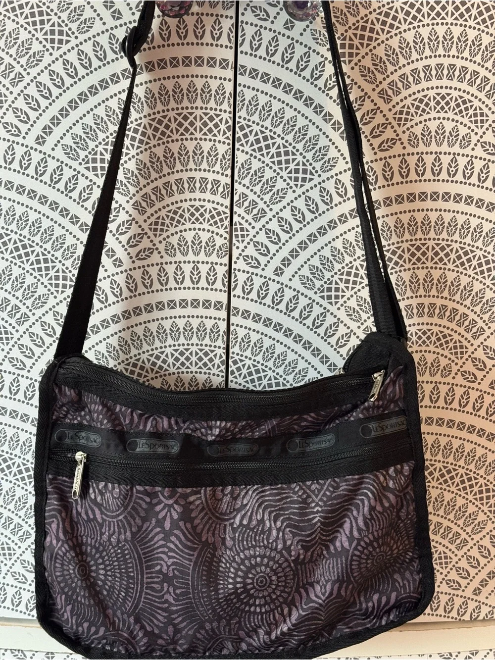 LeSportsac Black and Purple Floral-Pattern Crossbody Shoulder Bag