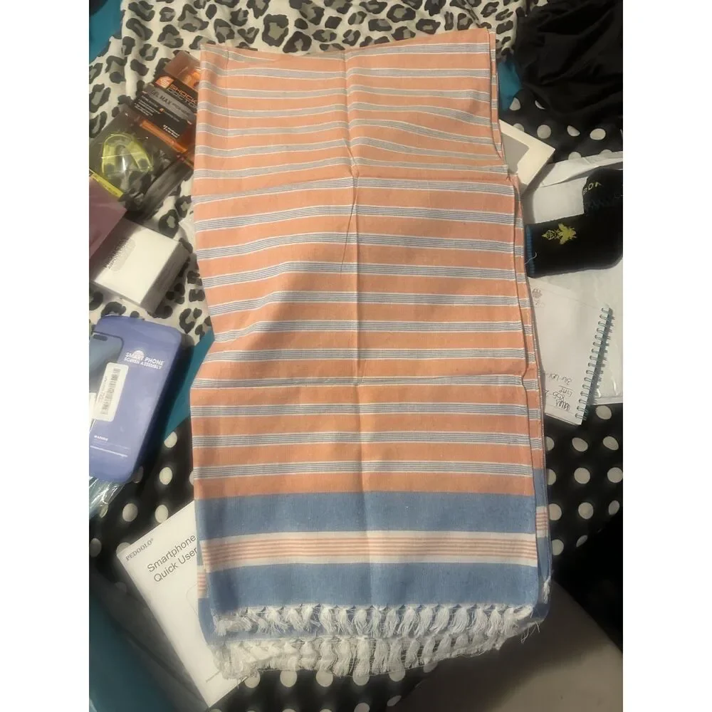 Turkish Towel Peshtemal Fouta Striped Coral Orange Blue Fringe 30x60 Lightweight