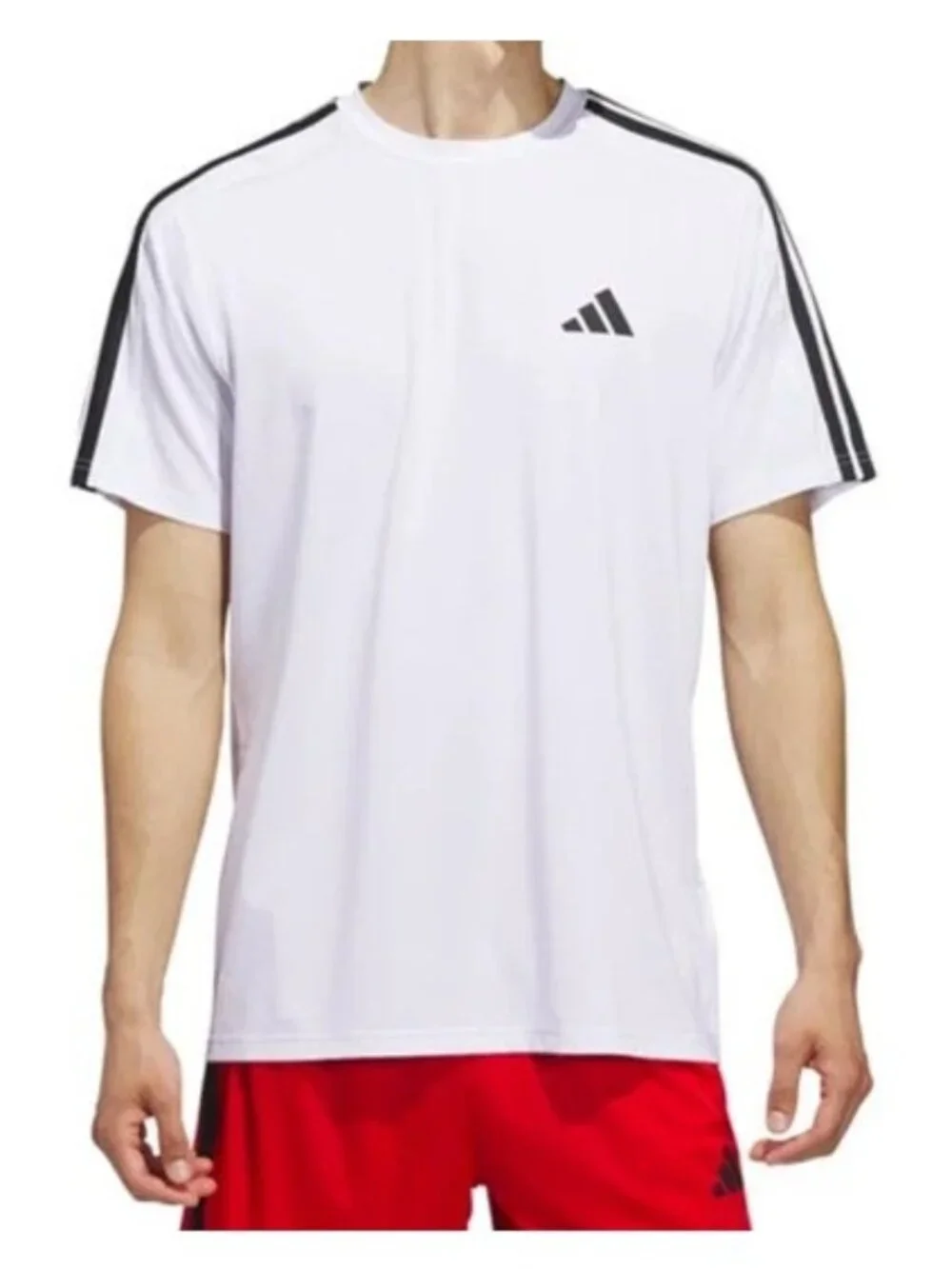 Adidas Men's XL White Athletic Tee With Black Stripes On Sleeves Logo On Chest