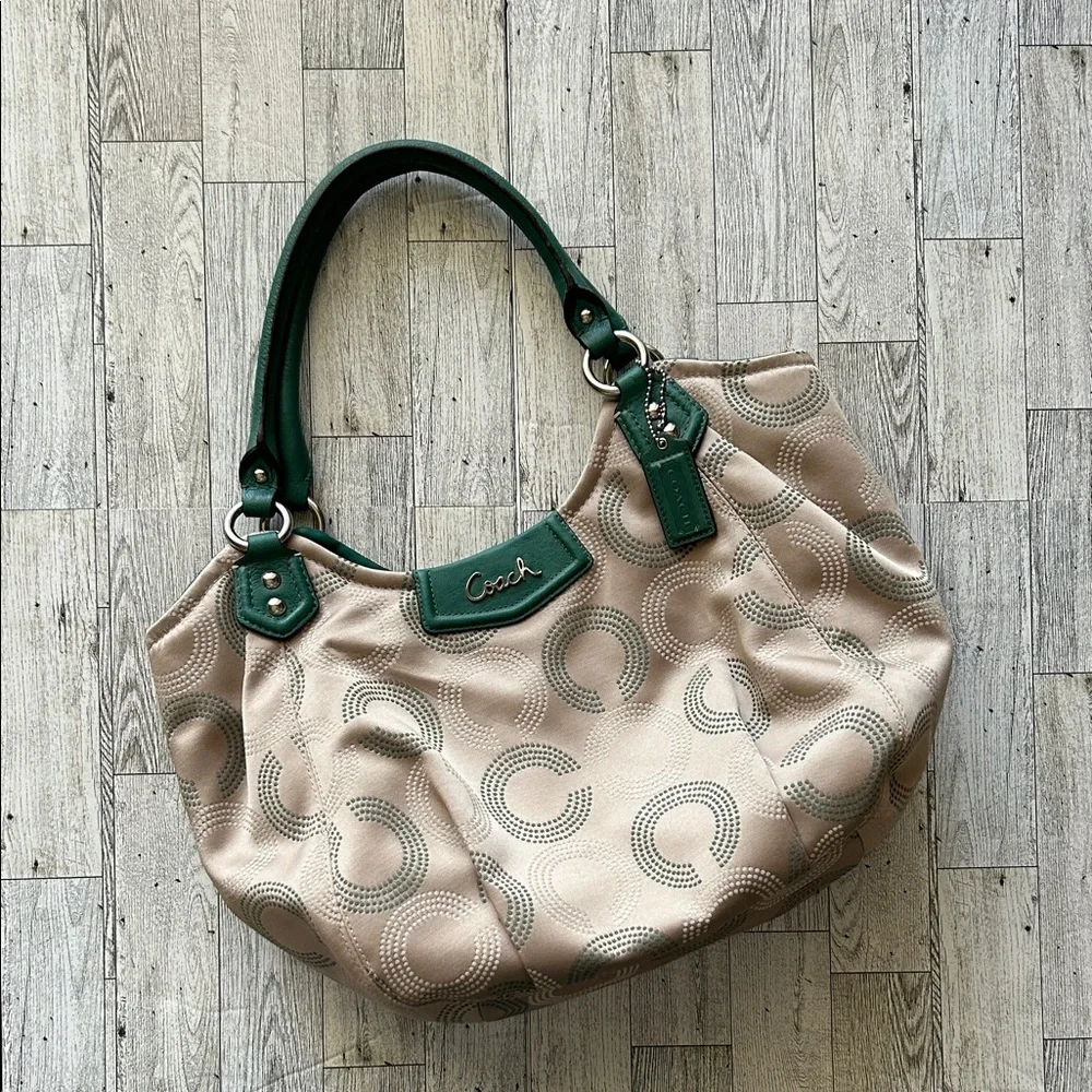 Coach Factory Ashley Dotted op art Tan and Green Shoulder Bag 2014