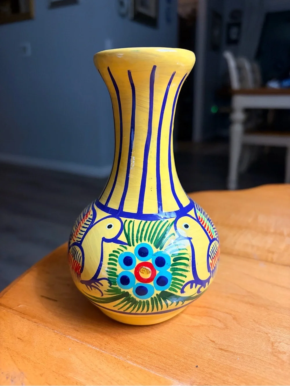 Hand-Painted Mexican Terracotta Vase with Birds and Floral Motif
