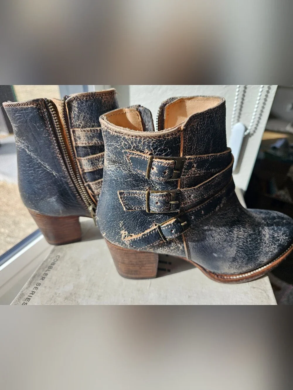 BED|STU Distressed Black Brown Leather Ankle Boots with Buckle Straps