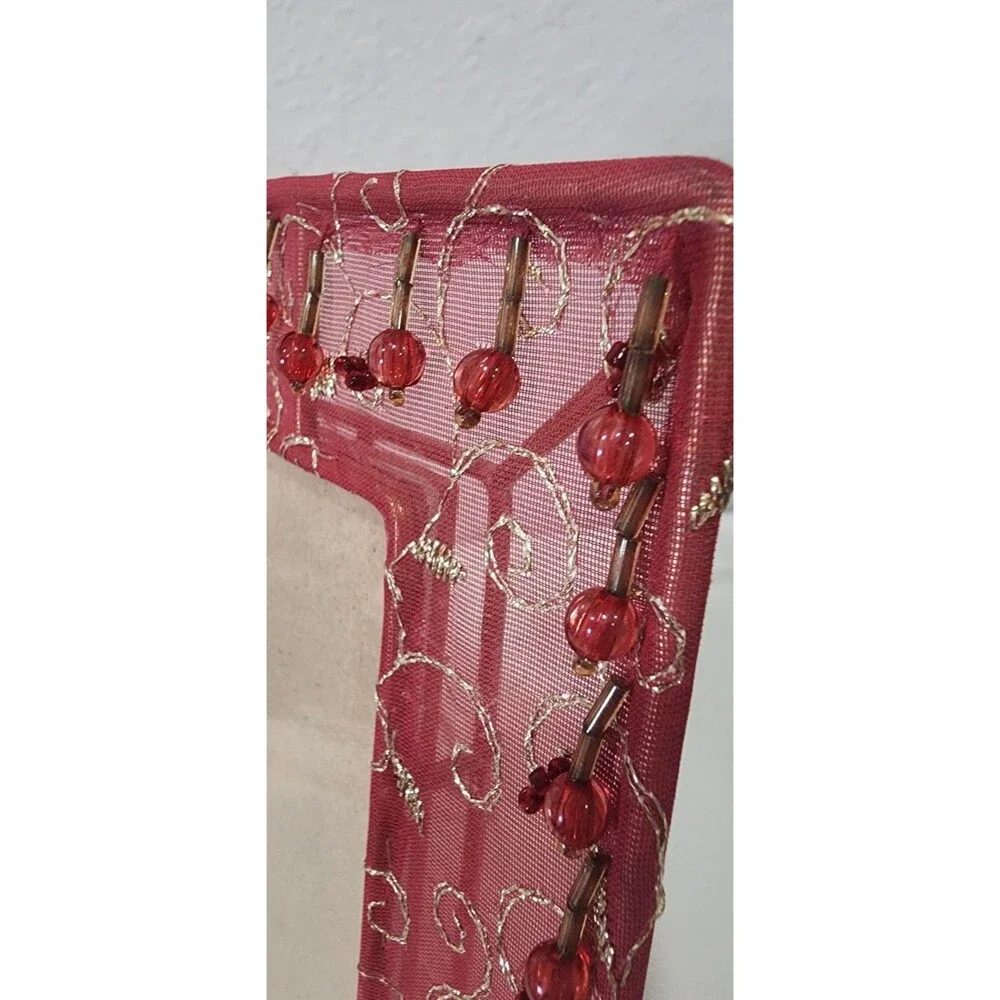 Holds 4x6 Picture Frame Red Mesh Fabric Gold Wire Beaded Accents Boho