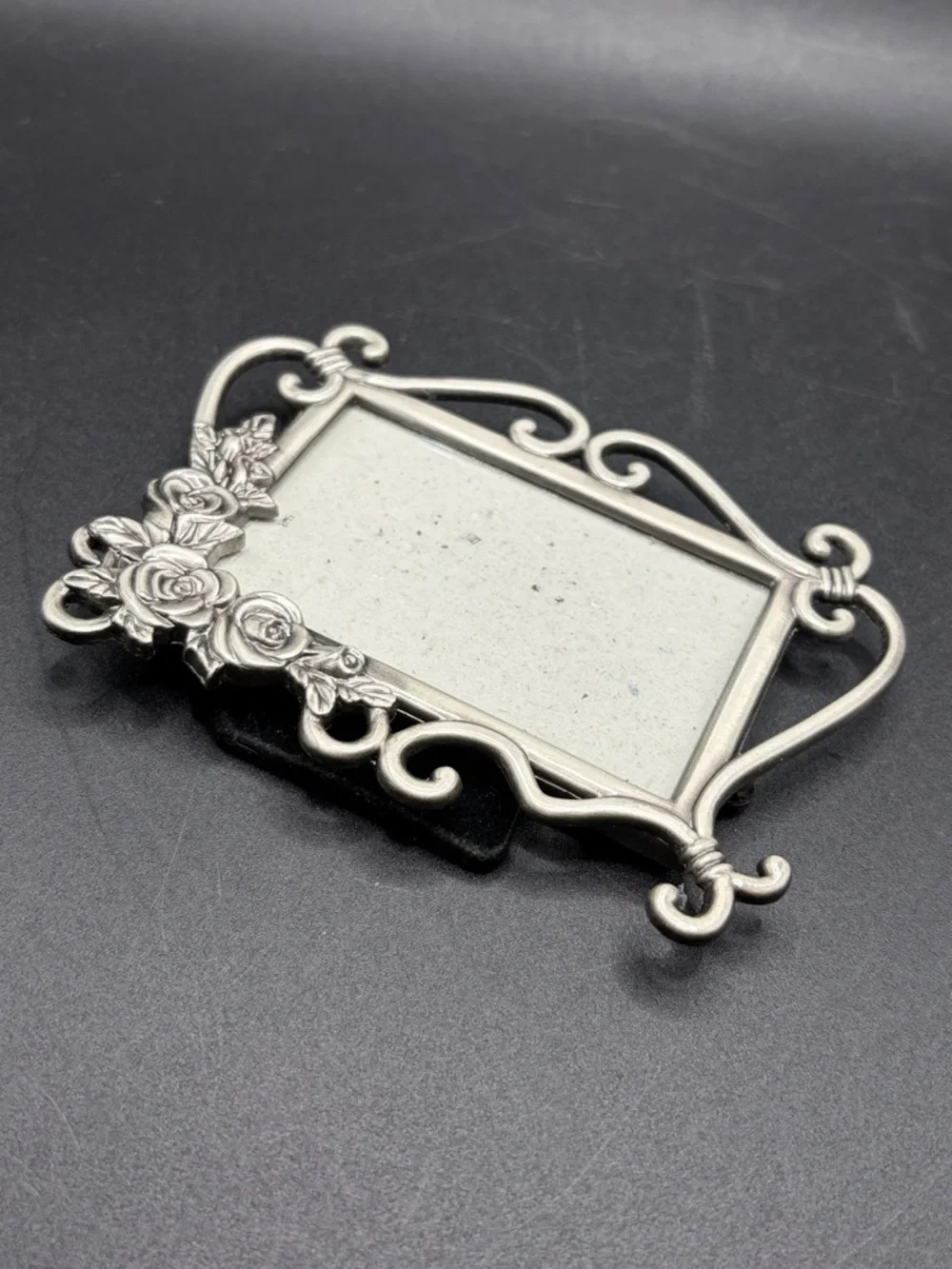 Vintage Rose Floral Silver Tn Metal Whimsigoth Picture Frame Photograph Display