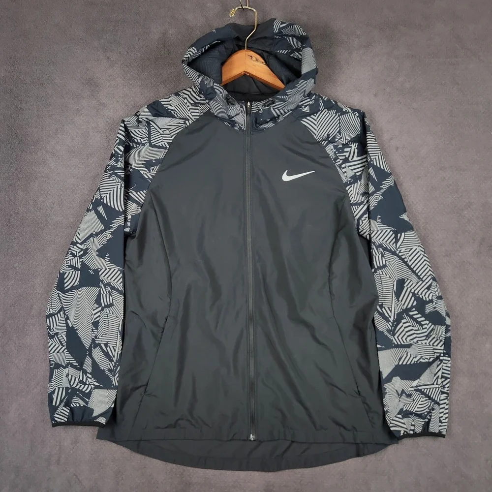 Nike Essential Flash Reflective Running Jacket Women Large Black Gray AQ4743-010