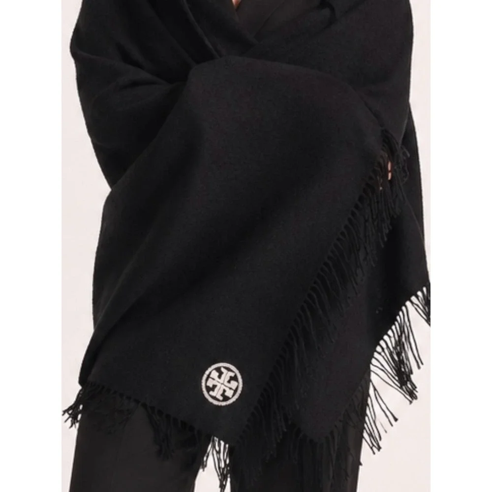 NWOT Tory Burch Black Merino‎ Wool Fringe Wrap Scarf Logo Quiet Luxury Old Money