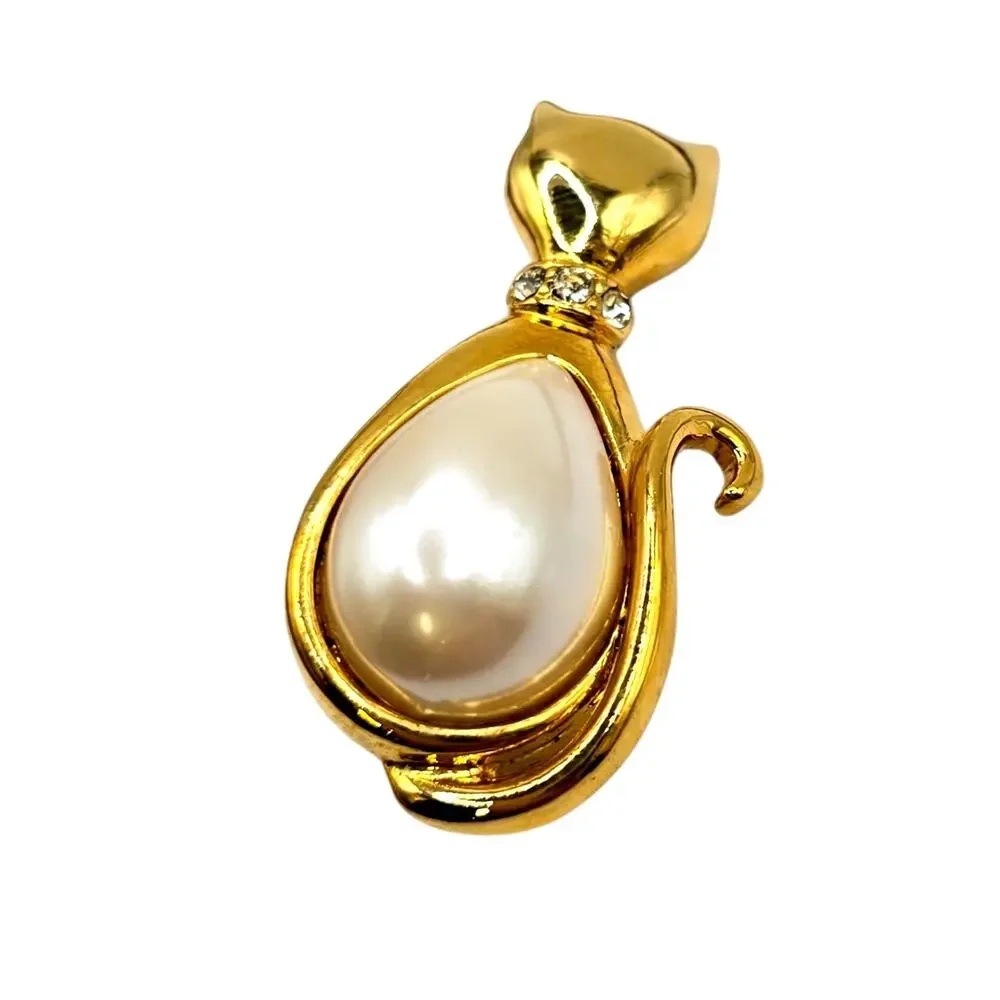 Marvela Cat Brooch Gold Tone Imitation Pearl Belly Rhinestone Collar Pin Jewelry