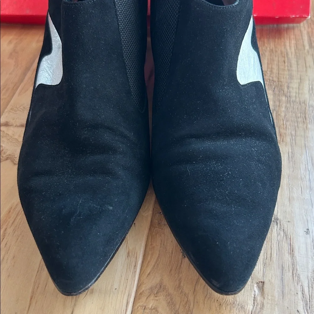 Vintage Charles Jourdan Black Suede Booties 8 1/2 Silver Stripe 80’s