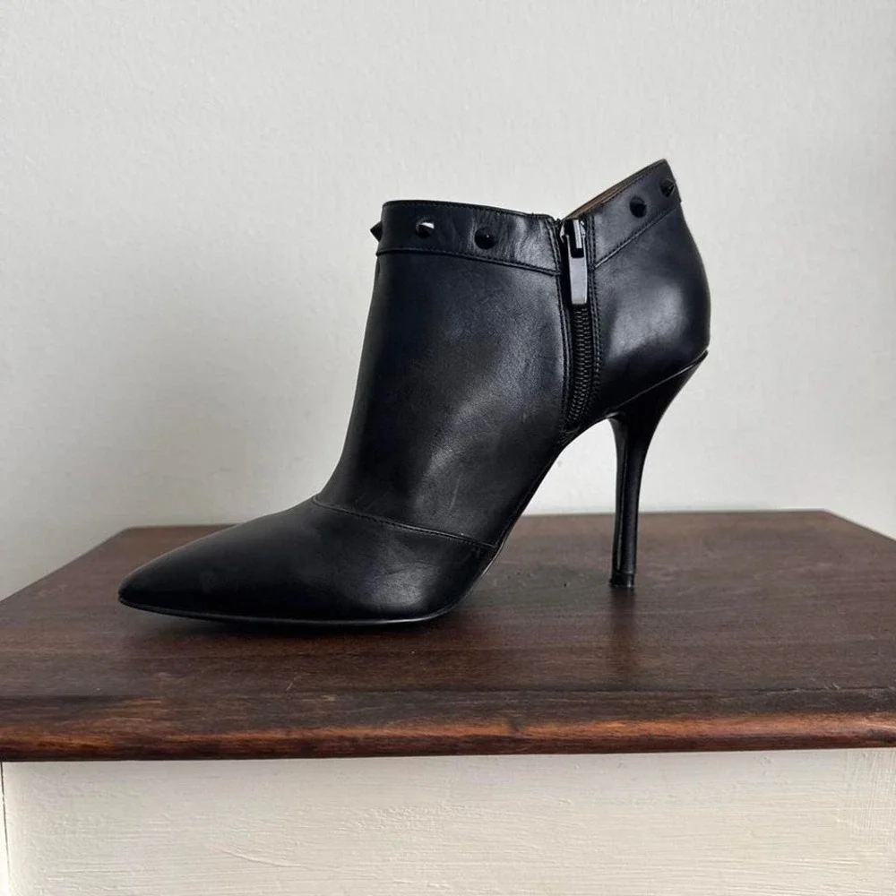 Black leather stud ankle boot size‎ 7 stiletto genuine leather Enzo moto buckle