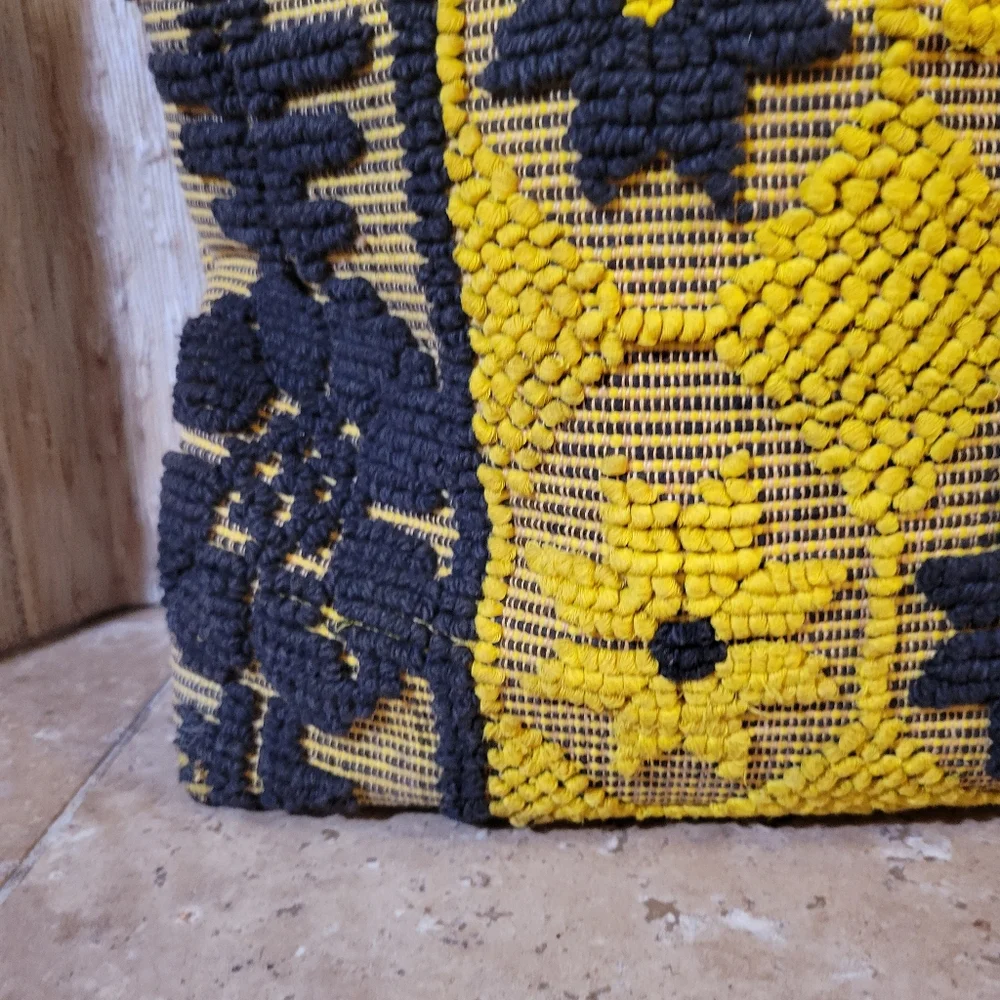 Vtg Handmade  yellow & black Woven Carpet Bag w/Wicker Handles