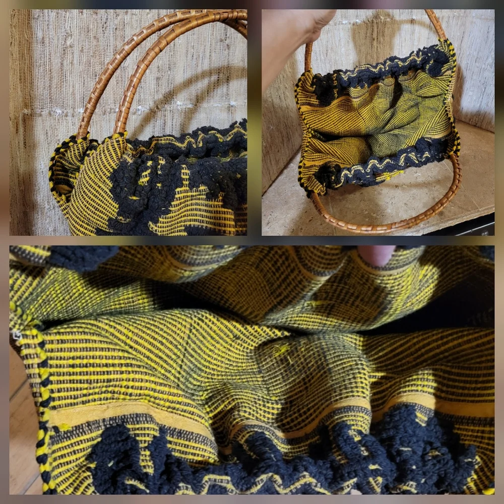 Vtg Handmade  yellow & black Woven Carpet Bag w/Wicker Handles