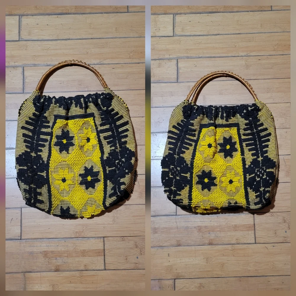 Vtg Handmade  yellow & black Woven Carpet Bag w/Wicker Handles