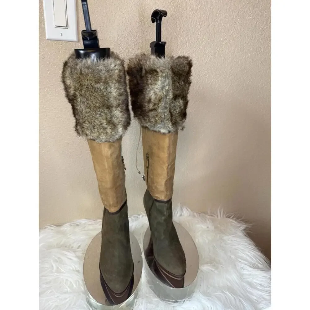 B Makowsky BfKate Leather/Faux Fur Boots Size 6‎ Multicolor Sexy Stiletto