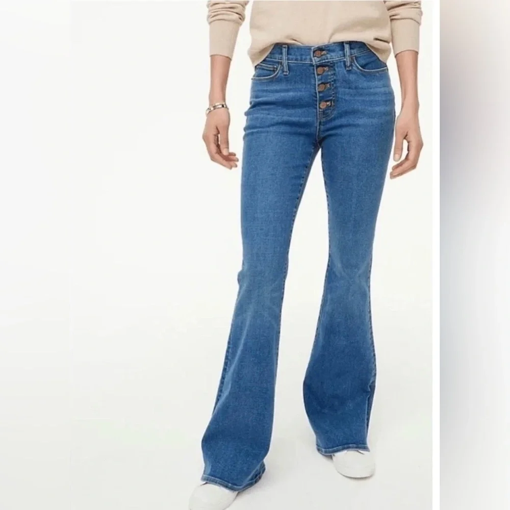 New J Crew Full Length Flare Jeans Button Fly‎ Medium Wash 27 Signature Stretch