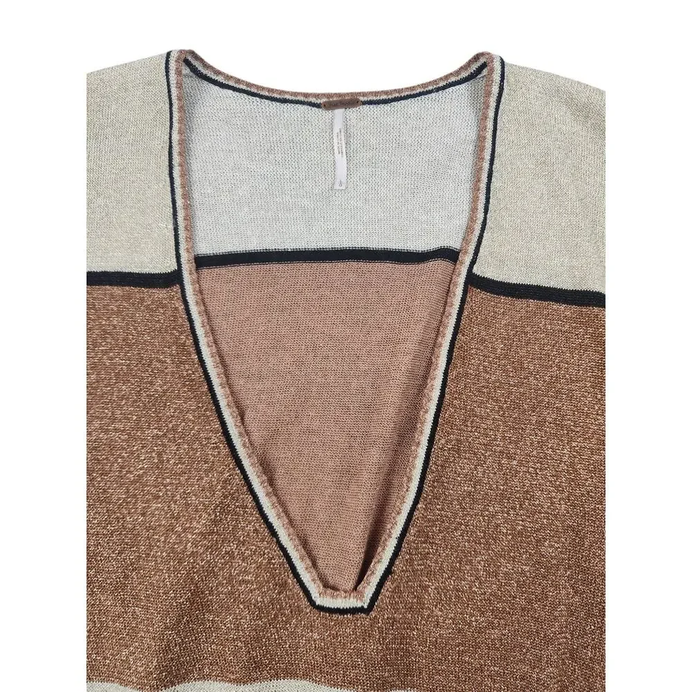 Free People gold dust plunging v-neck color block pullover sweater sz large crop