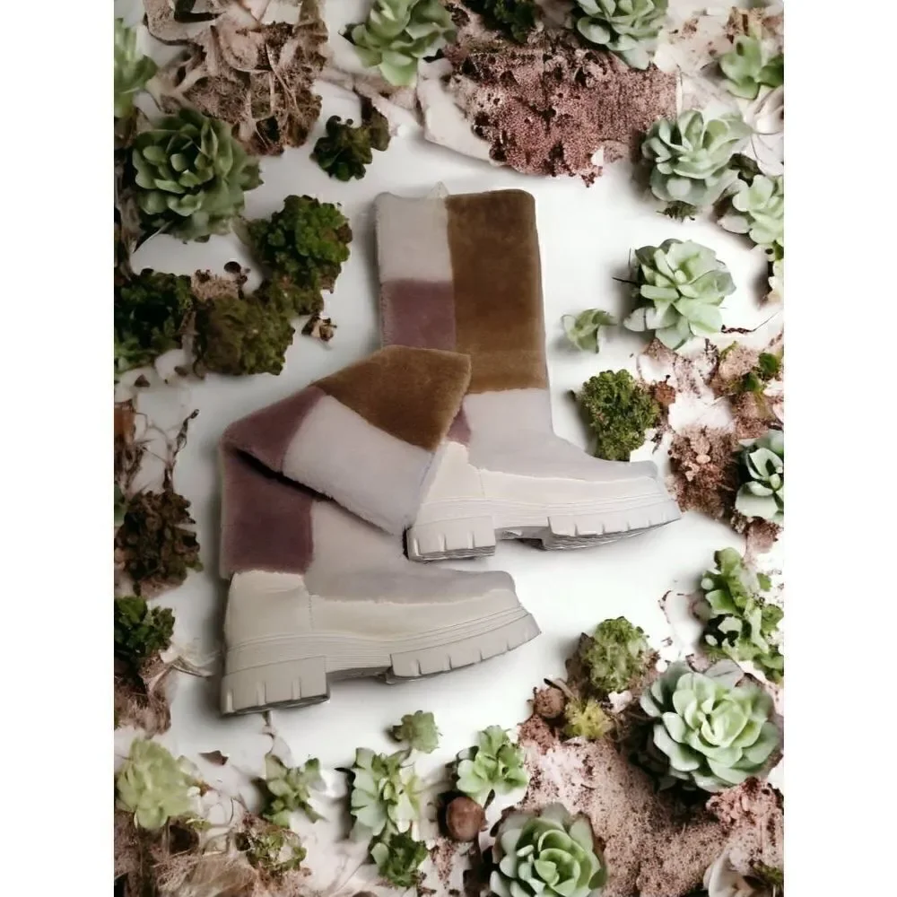 Free People Happy Thoughts Shearling Fur Boot Colorblock White Tan Rose 7 1/2
