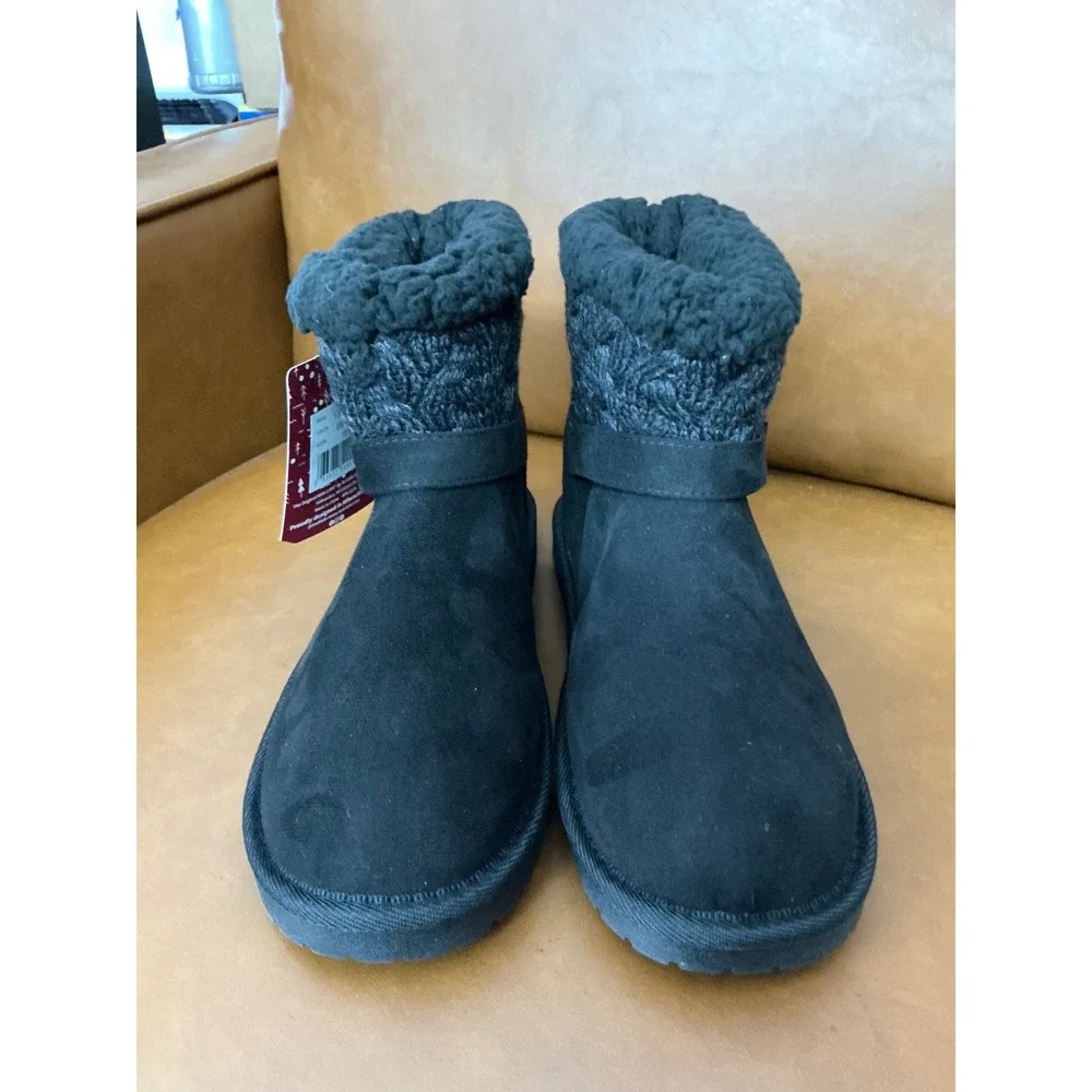 Muk Luks Ankle Boots Womens 10 Ebony New Faux Suede Fur Knit Trim