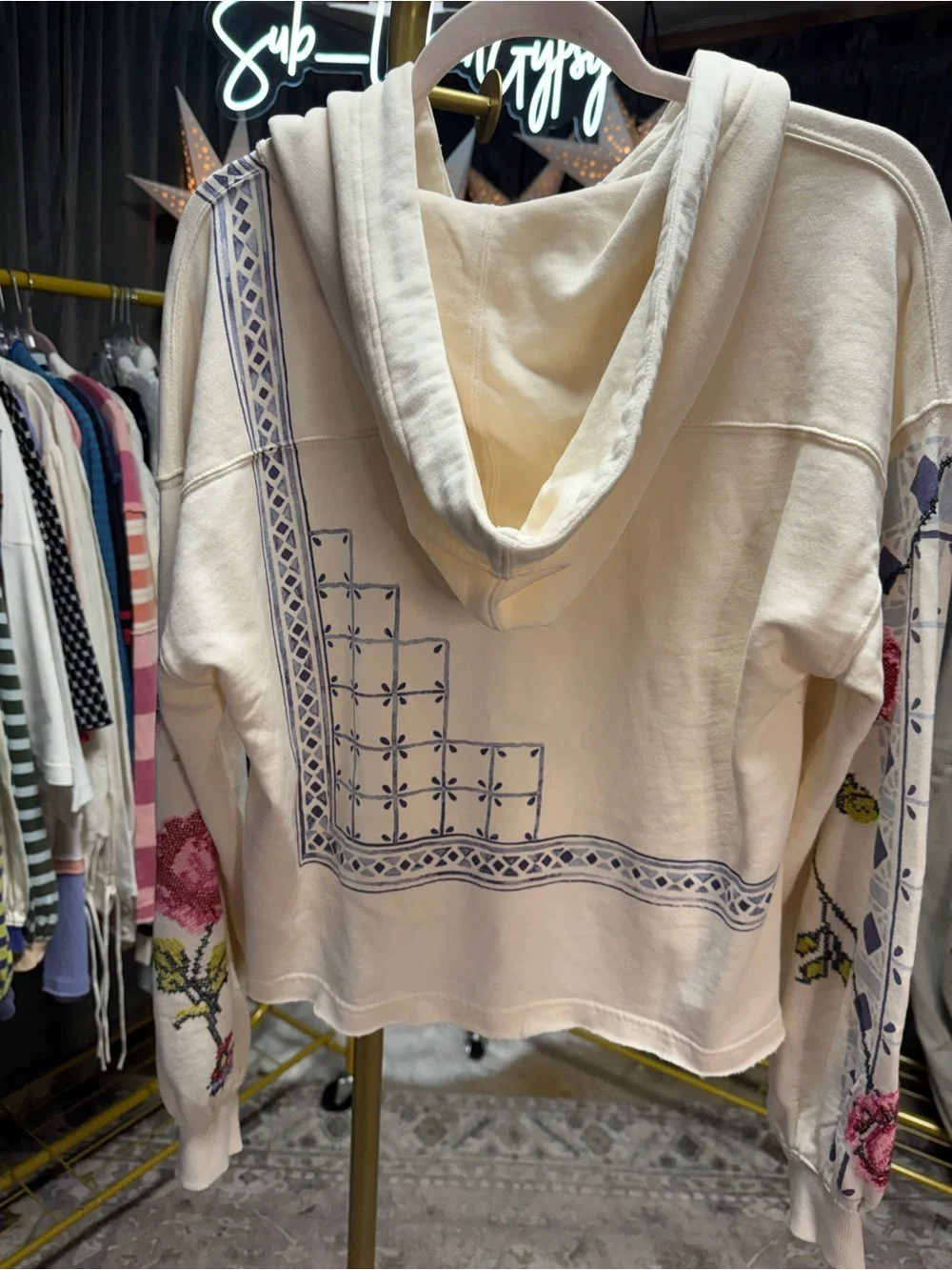 Free People Sweet Treat Embroidered Pullover Hoodie Sweatshirt in Ivory Combo
