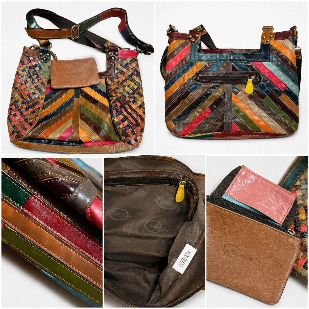 AmeriLeather Rainbow Patchwork Woven Leather Shoulder Bag Medium Multi‎