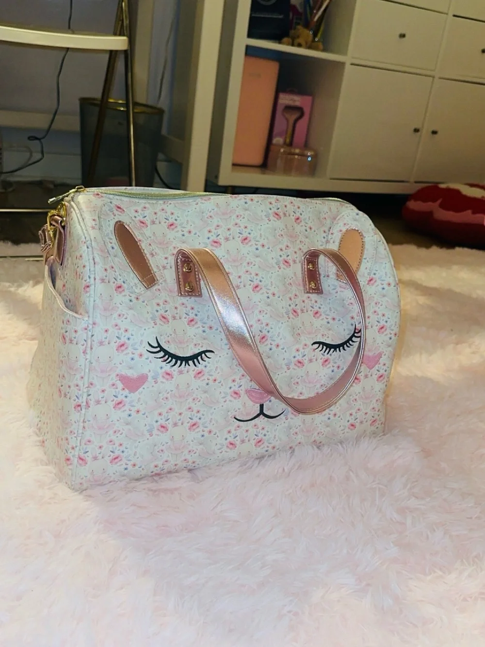 Cute Floral Bunny Face Travel Bag in Pink and Cream