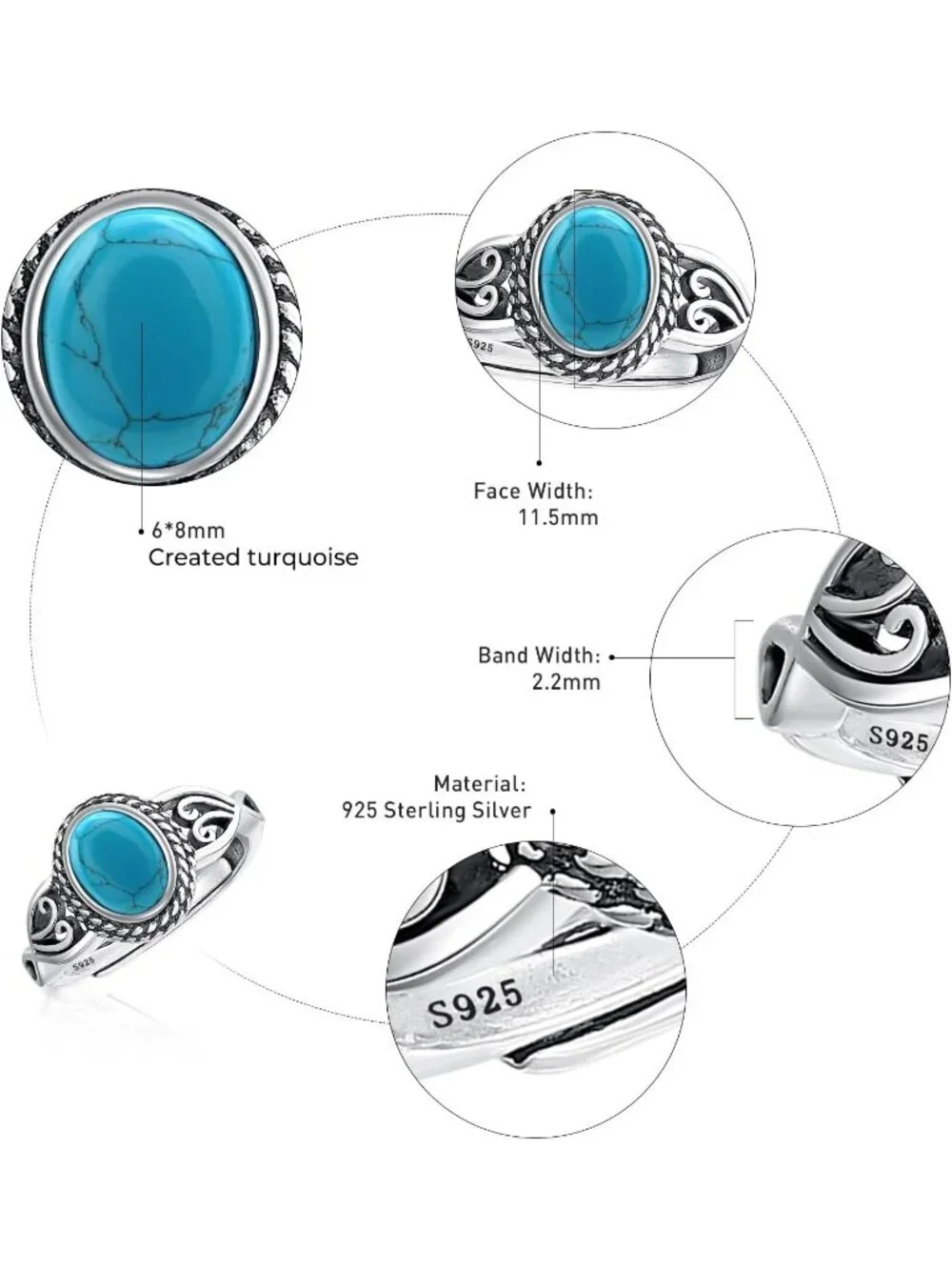 Women's Blue Turquoise 925 Sterling Silver Oval Adjustable Natural Stone Ring