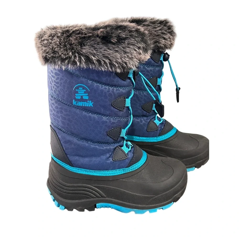 Kamik‎ Kids Size 1 Winter Snow Boots Navy Blue Faux Fur Waterproof Bungee Lace